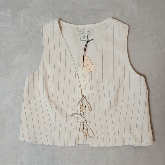 NWT Rachel Zoe Linen Blend Pinstripe Vest Top XS Beaded Boho Cream Gray - Picture 1 of 10